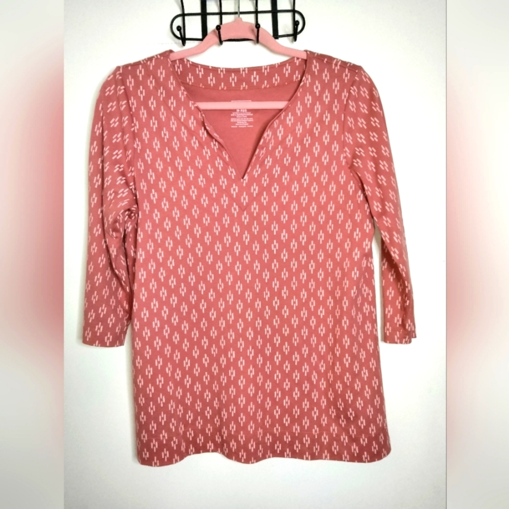 L.L. Bean (Size M) Multicolored Patterned V-Neck 3/4 Sleeves Supima Cotton Top